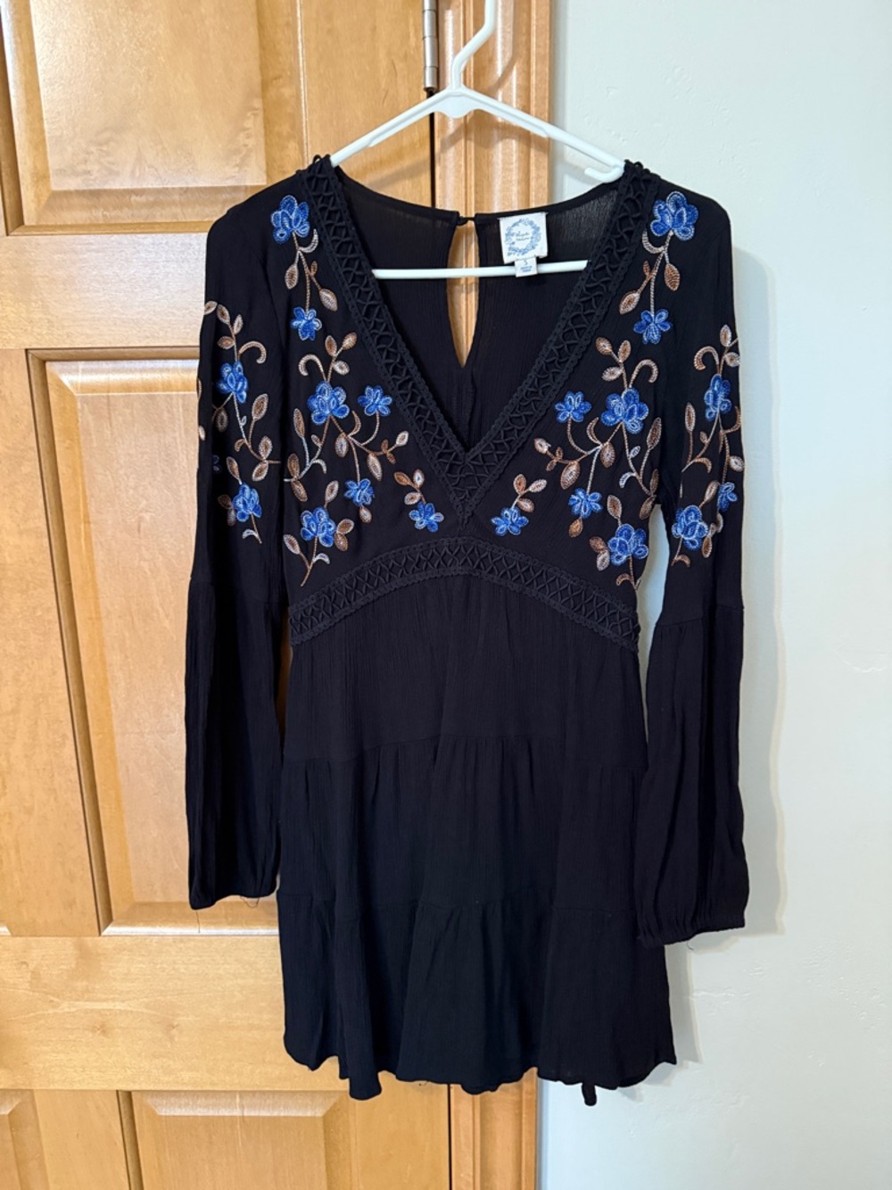 Blue Rain Black Long Sleeve Dress with Blue & Tan Floral Embroidery